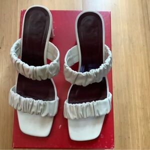 STAUD White Ruched Double-Strap Block Heels